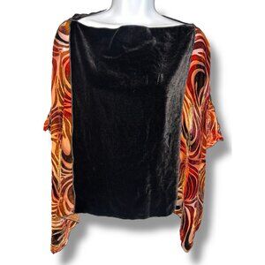 Black velvet and Orange Burnout Shawl Poncho hand painted evening